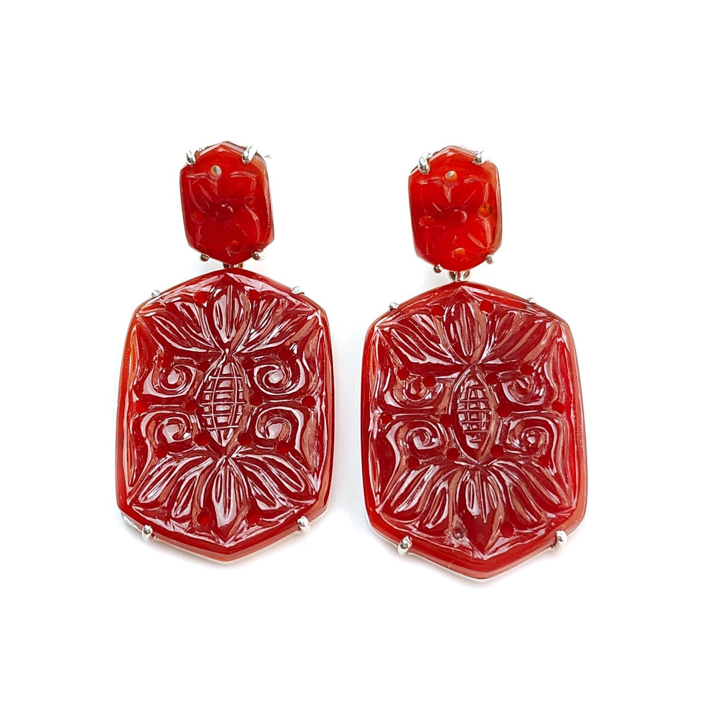 Orange Onyx Carving Silver Earring: 12.04gms Natural Onyx Hand Carved Hexagon Shape 925 Sterling Silver Prong Set Push Back Stud Earring 2"