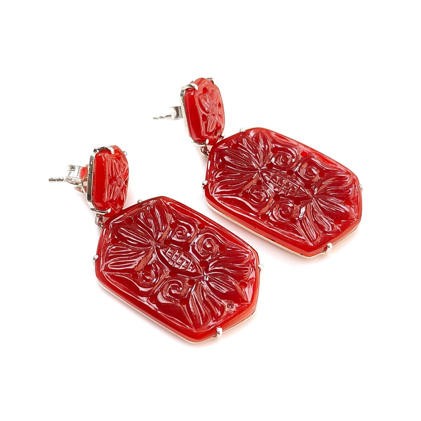 Orange Onyx Carving Silver Earring: 12.04gms Natural Onyx Hand Carved Hexagon Shape 925 Sterling Silver Prong Set Push Back Stud Earring 2"