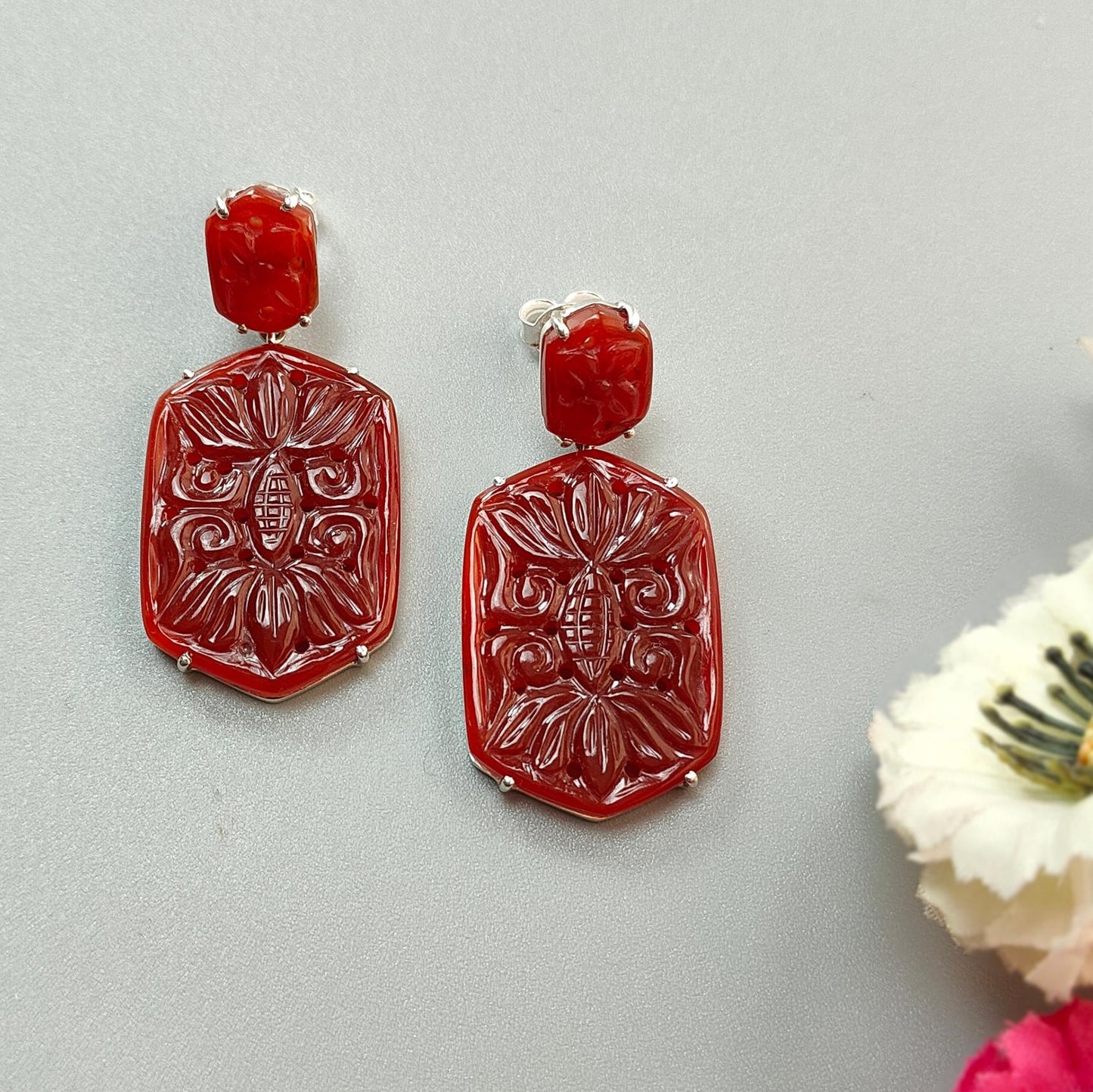 Orange Onyx Carving Silver Earring: 12.04gms Natural Onyx Hand Carved Hexagon Shape 925 Sterling Silver Prong Set Push Back Stud Earring 2"