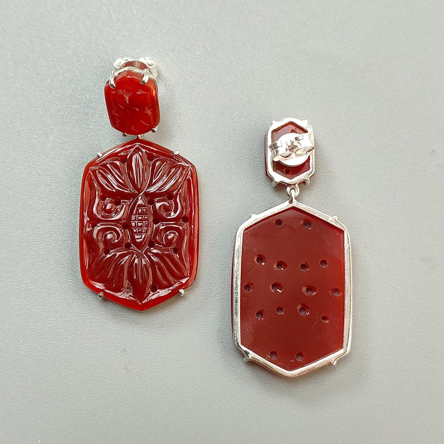 Orange Onyx Carving Silver Earring: 12.04gms Natural Onyx Hand Carved Hexagon Shape 925 Sterling Silver Prong Set Push Back Stud Earring 2"