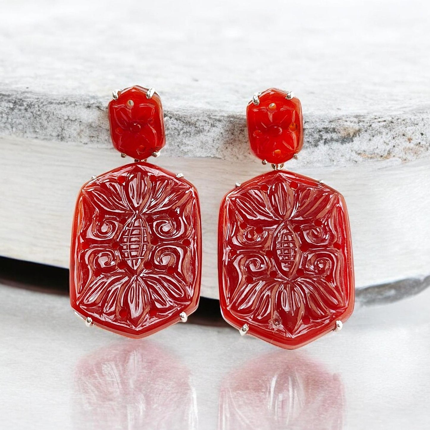 Orange Onyx Carving Silver Earring: 12.04gms Natural Onyx Hand Carved Hexagon Shape 925 Sterling Silver Prong Set Push Back Stud Earring 2"