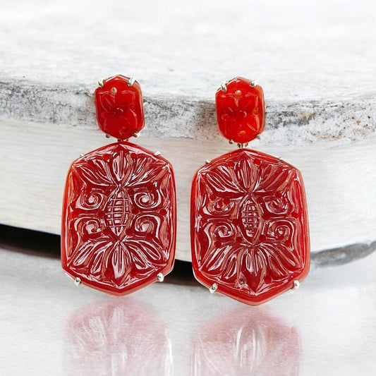 Orange Onyx Carving Silver Earring: 12.04gms Natural Onyx Hand Carved Hexagon Shape 925 Sterling Silver Prong Set Push Back Stud Earring 2"