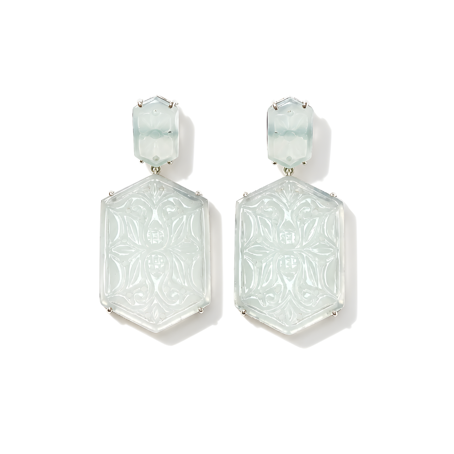 12.13gms Natural Light Blue Onyx Carving 925 Sterling Silver Prong Set Push Back Earring 2"