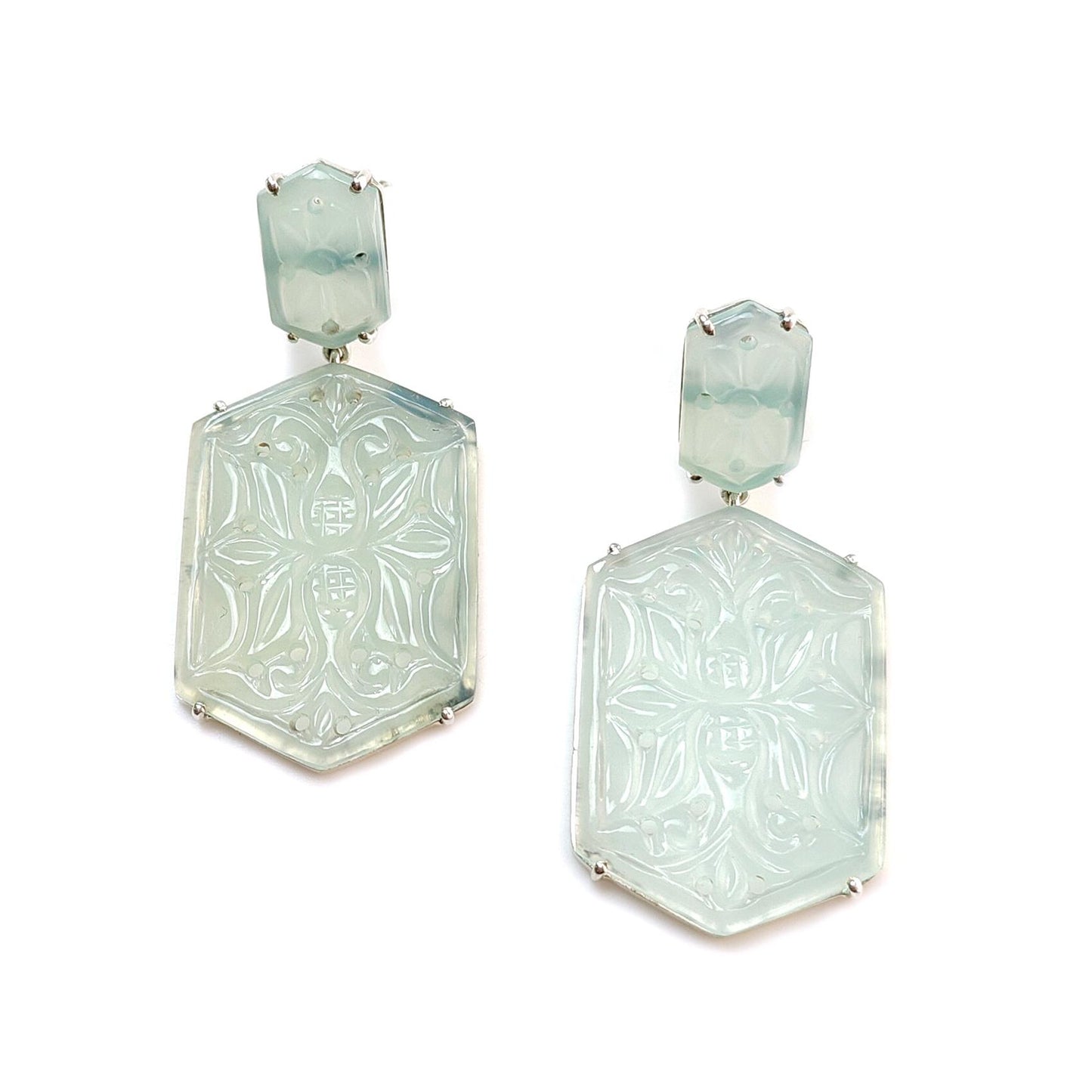 Light Blue Onyx Carving Silver Earring: 12.13gms Natural Onyx Hand Carved Hexagon 925 Sterling Silver Prong Set Push Back Stud Earring 2"
