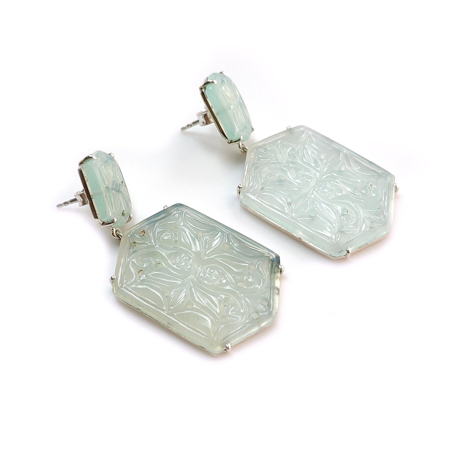 Light Blue Onyx Carving Silver Earring: 12.13gms Natural Onyx Hand Carved Hexagon 925 Sterling Silver Prong Set Push Back Stud Earring 2"