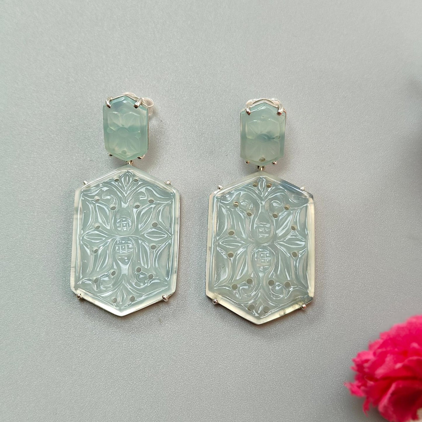 Light Blue Onyx Carving Silver Earring: 12.13gms Natural Onyx Hand Carved Hexagon 925 Sterling Silver Prong Set Push Back Stud Earring 2"