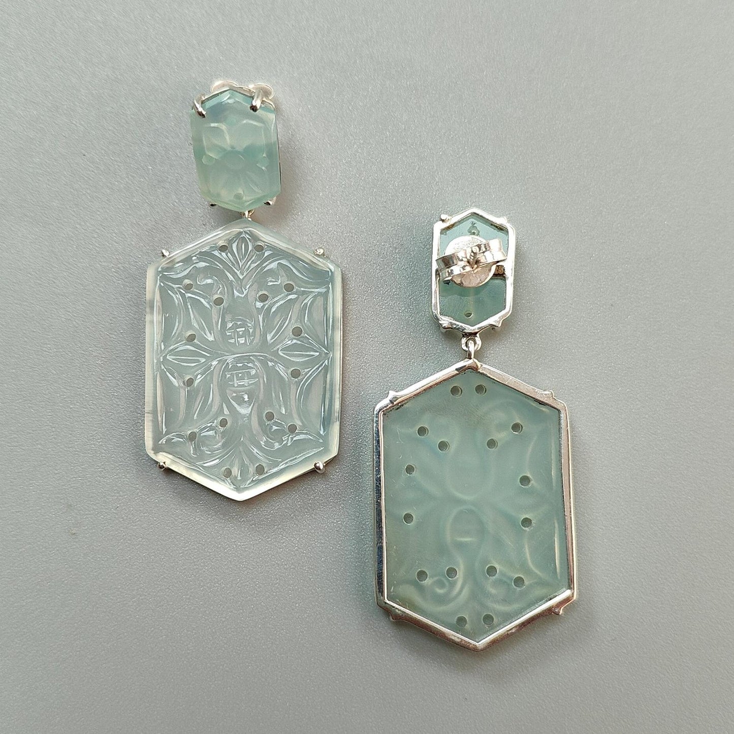 Light Blue Onyx Carving Silver Earring: 12.13gms Natural Onyx Hand Carved Hexagon 925 Sterling Silver Prong Set Push Back Stud Earring 2"