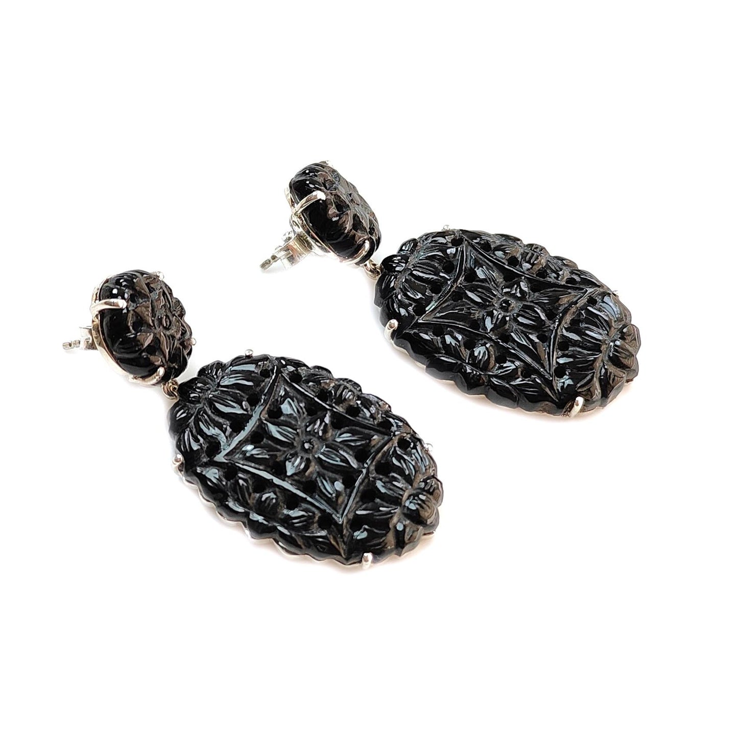 Black Onyx Carving Silver Earring: 12.88gms Natural Onyx Hand Carved Oval Shape 925 Sterling Silver Prong Set Push Back Stud Earring 2"