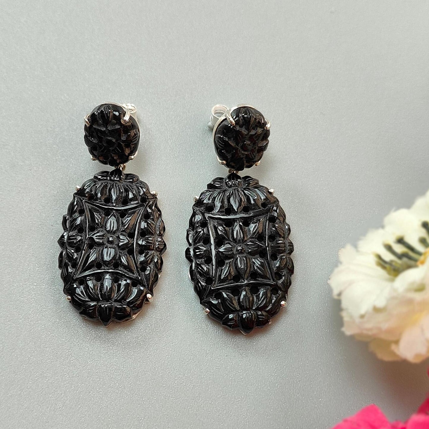 Black Onyx Carving Silver Earring: 12.88gms Natural Onyx Hand Carved Oval Shape 925 Sterling Silver Prong Set Push Back Stud Earring 2"