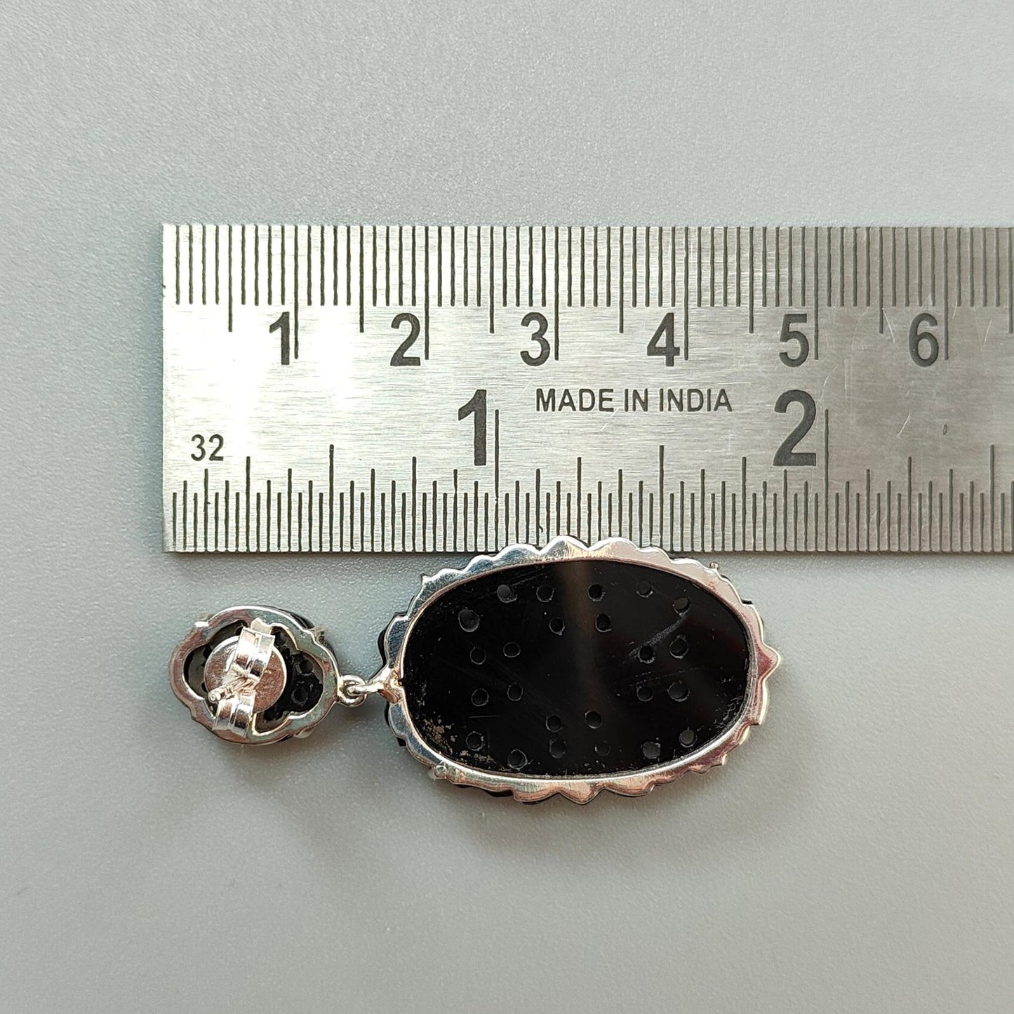 Black Onyx Carving Silver Earring: 12.88gms Natural Onyx Hand Carved Oval Shape 925 Sterling Silver Prong Set Push Back Stud Earring 2"