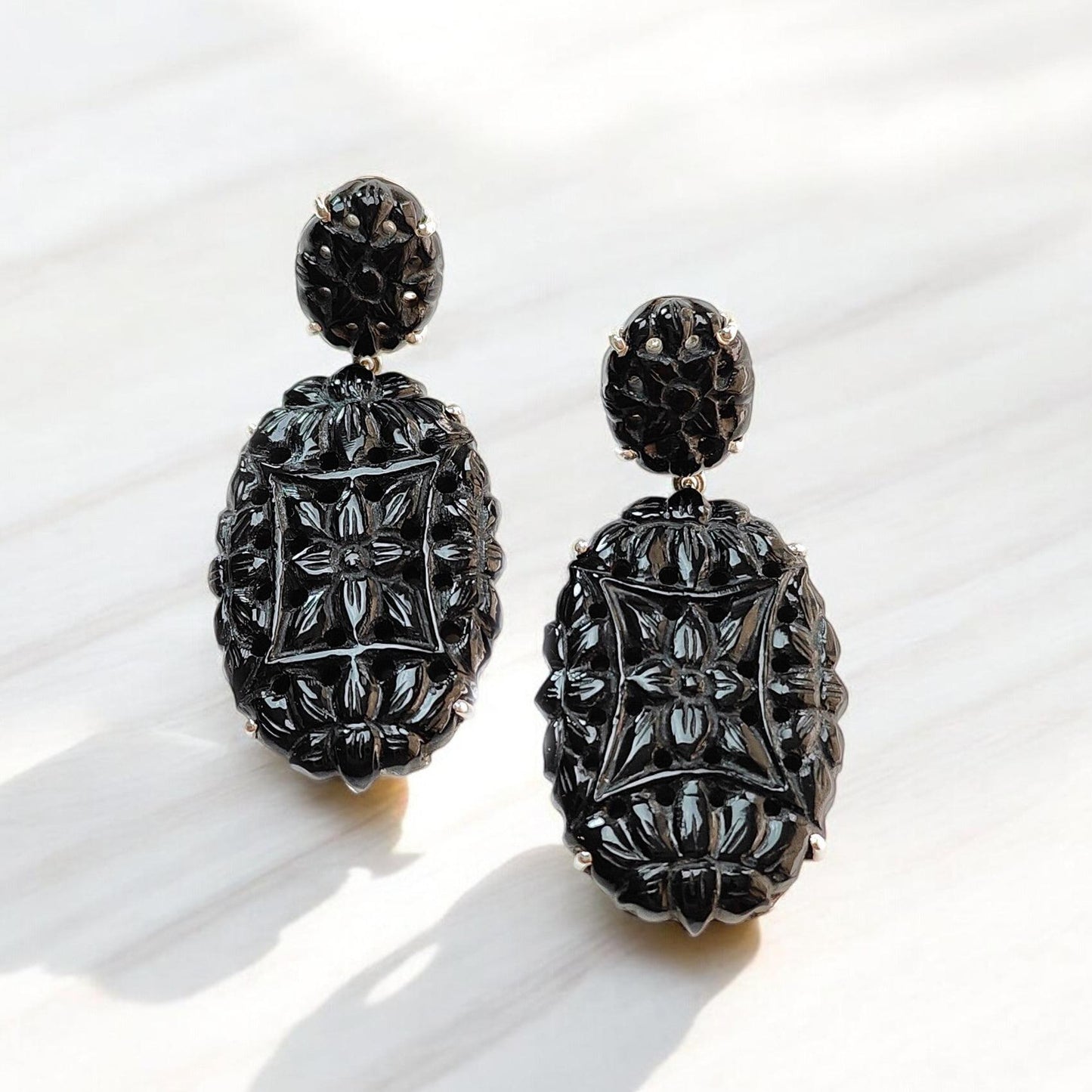 Black Onyx Carving Silver Earring: 12.88gms Natural Onyx Hand Carved Oval Shape 925 Sterling Silver Prong Set Push Back Stud Earring 2"