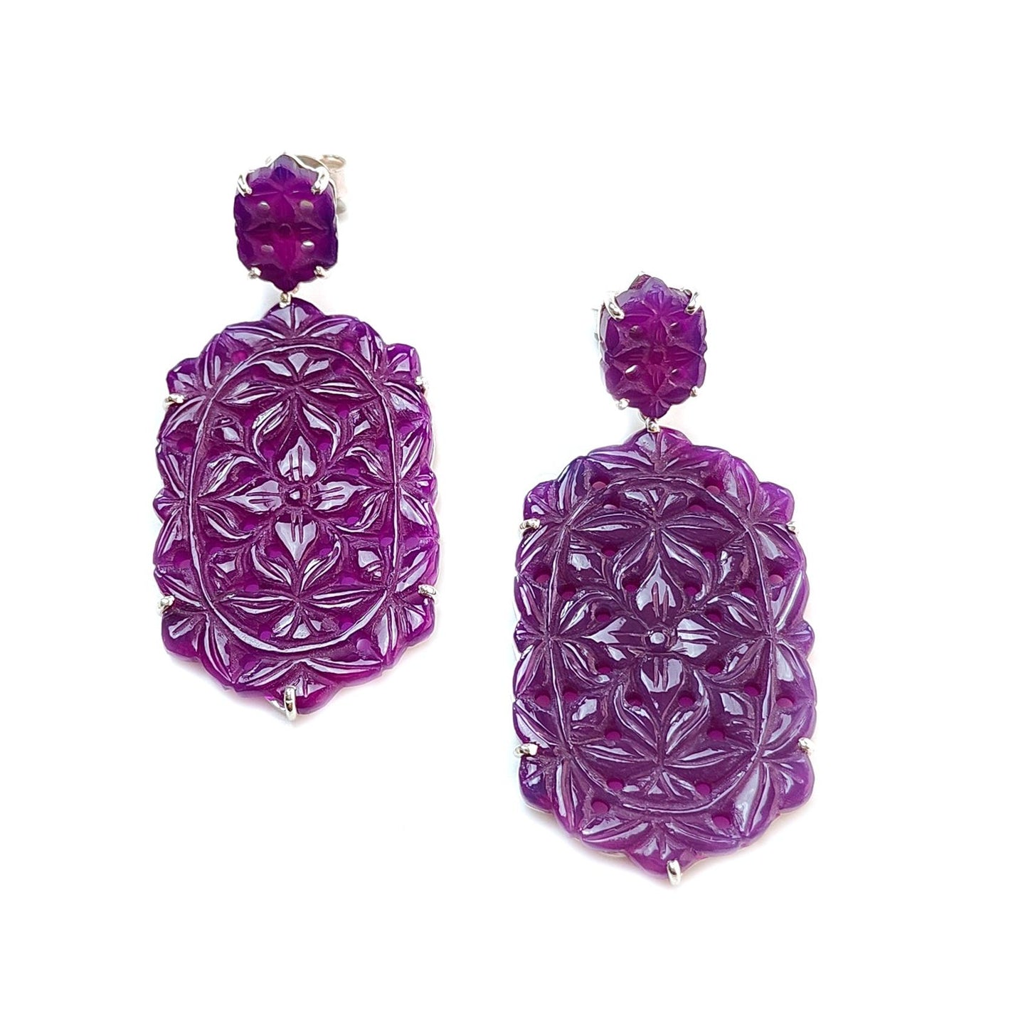 Purple Onyx Carving Silver Earring: 13.98gms Natural Onyx Hand Carved Hexagon Shape 925 Sterling Silver Prong Set Push Back Stud Earring 2"
