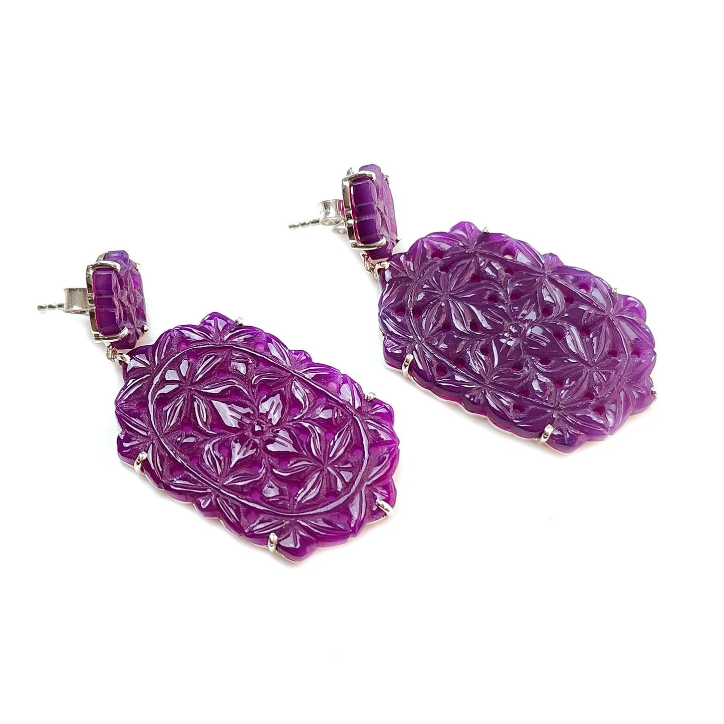Purple Onyx Carving Silver Earring: 13.98gms Natural Onyx Hand Carved Hexagon Shape 925 Sterling Silver Prong Set Push Back Stud Earring 2"