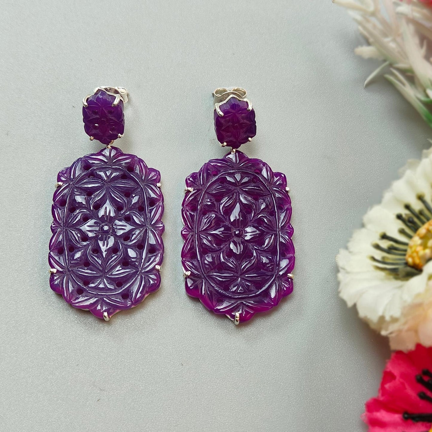 Purple Onyx Carving Silver Earring: 13.98gms Natural Onyx Hand Carved Hexagon Shape 925 Sterling Silver Prong Set Push Back Stud Earring 2"