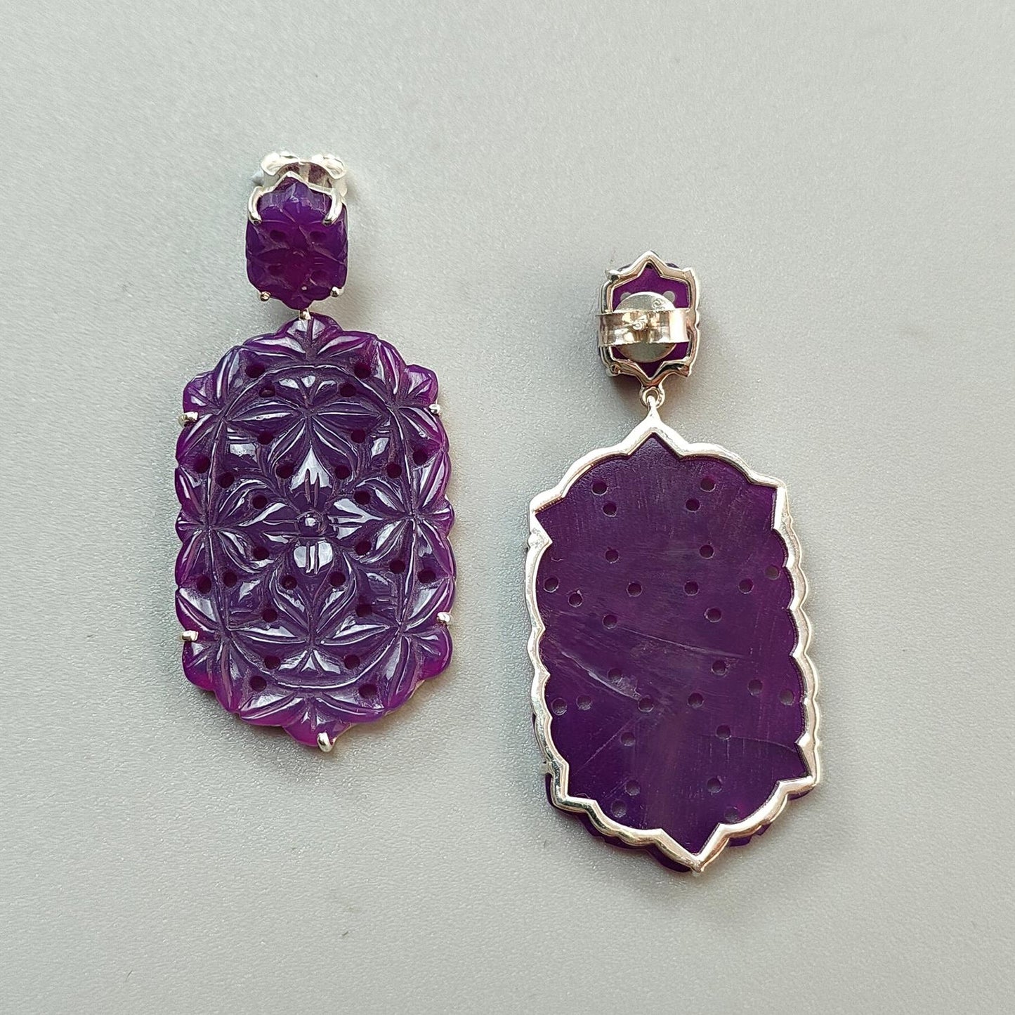 Purple Onyx Carving Silver Earring: 13.98gms Natural Onyx Hand Carved Hexagon Shape 925 Sterling Silver Prong Set Push Back Stud Earring 2"