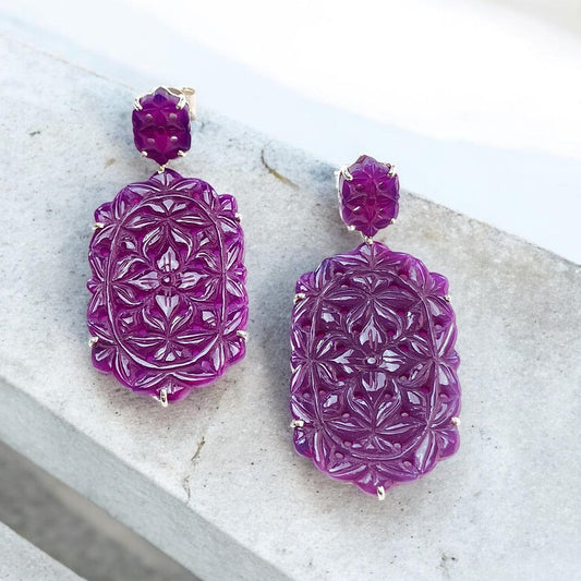 Purple Onyx Carving Silver Earring: 13.98gms Natural Onyx Hand Carved Hexagon Shape 925 Sterling Silver Prong Set Push Back Stud Earring 2"