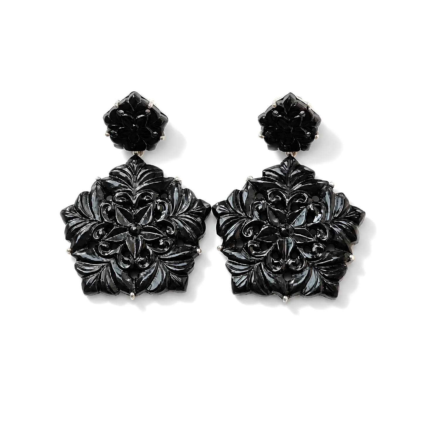 Black Onyx Gemstone Carving 925 Silver Earrings