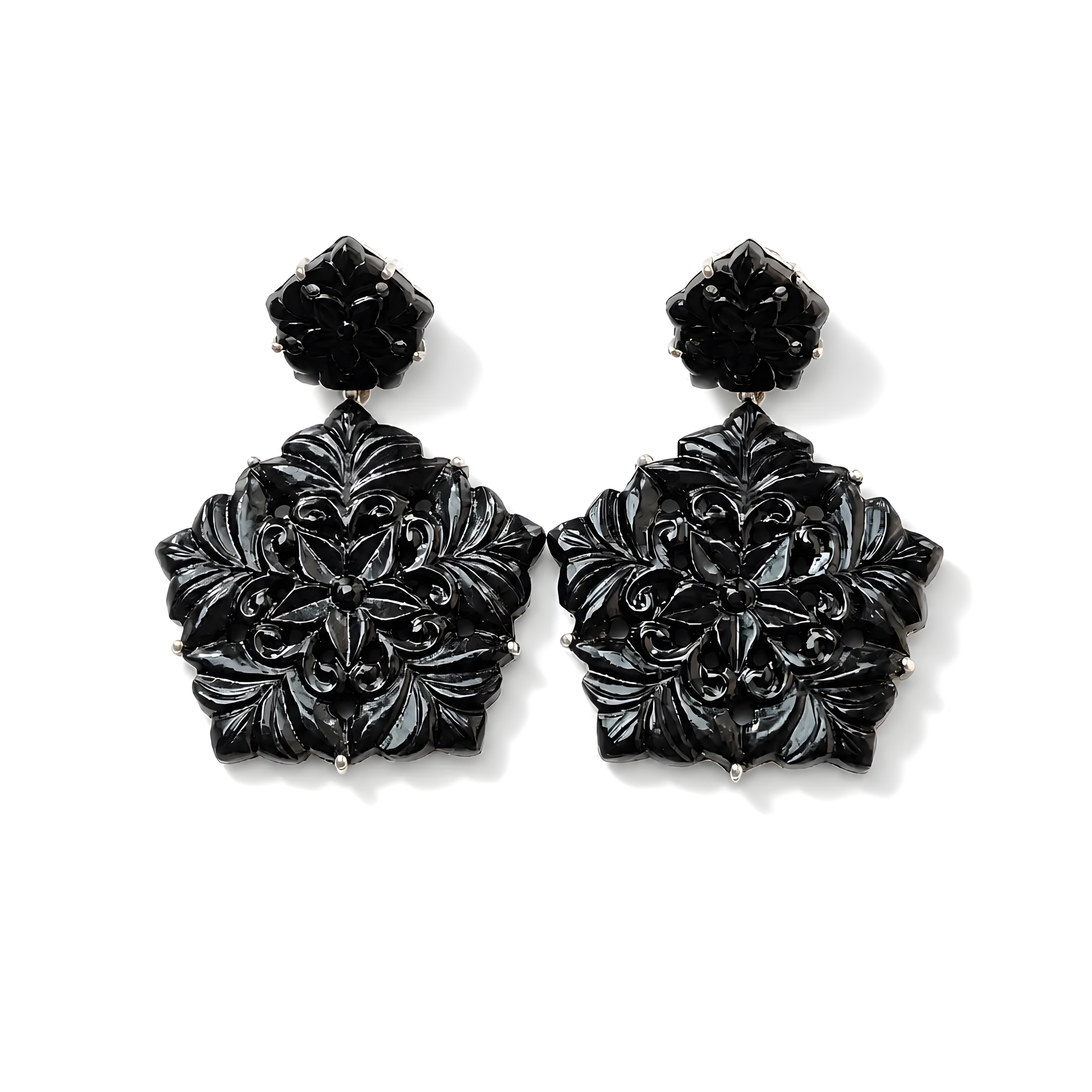 Black Onyx Gemstone Carving 925 Silver Earrings