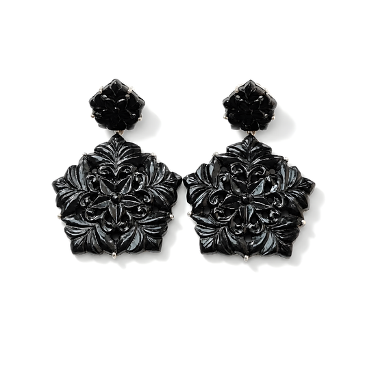 Black Onyx Gemstone Carving 925 Silver Earrings
