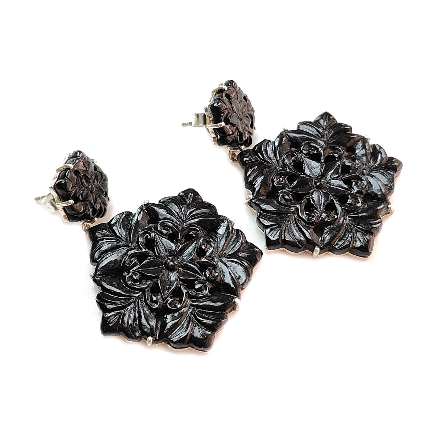 Black Onyx Carving Silver Earring: 14.82gms Natural Onyx Hand Carved Hexagon Shape 925 Sterling Silver Prong Set Push Back Stud Earring 2"