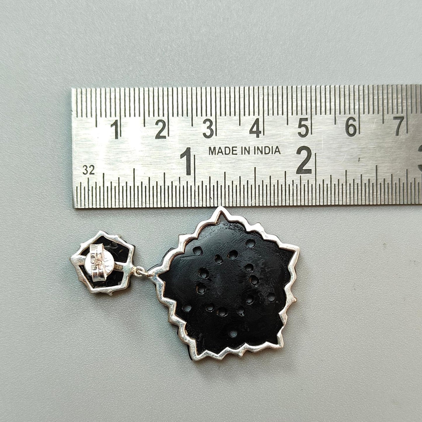 Black Onyx Carving Silver Earring: 14.82gms Natural Onyx Hand Carved Hexagon Shape 925 Sterling Silver Prong Set Push Back Stud Earring 2"