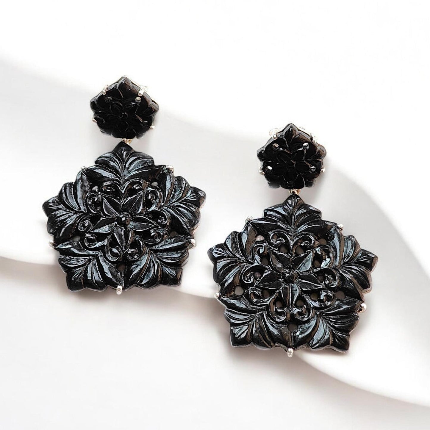 Black Onyx Carving Silver Earring: 14.82gms Natural Onyx Hand Carved Hexagon Shape 925 Sterling Silver Prong Set Push Back Stud Earring 2"