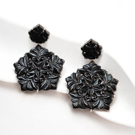 Black Onyx Carving Silver Earring: 14.82gms Natural Onyx Hand Carved Hexagon Shape 925 Sterling Silver Prong Set Push Back Stud Earring 2"