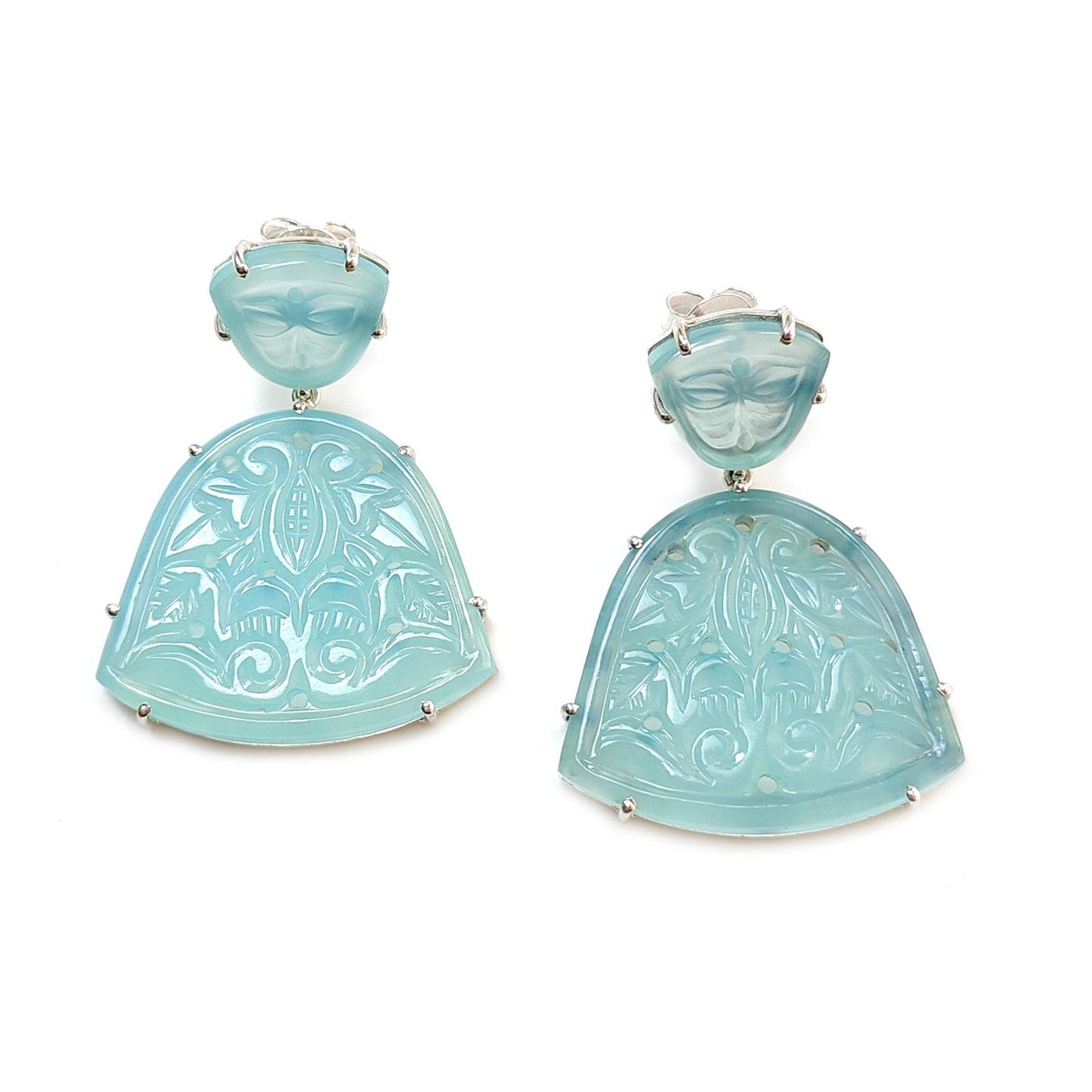 Blue Onyx Carving Silver Earring: 15.70gms Natural Onyx Hand Carved Fancy Shape 925 Sterling Silver Prong Set Push Back Stud Earring 1.50"