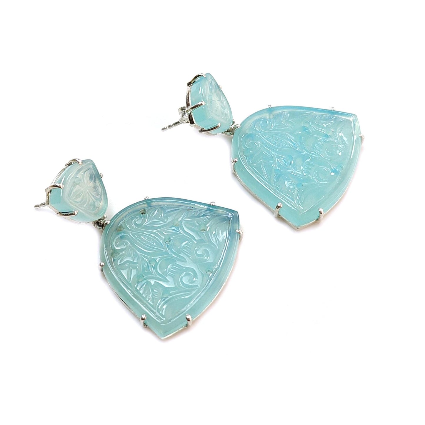 Blue Onyx Carving Silver Earring: 15.70gms Natural Onyx Hand Carved Fancy Shape 925 Sterling Silver Prong Set Push Back Stud Earring 1.50"