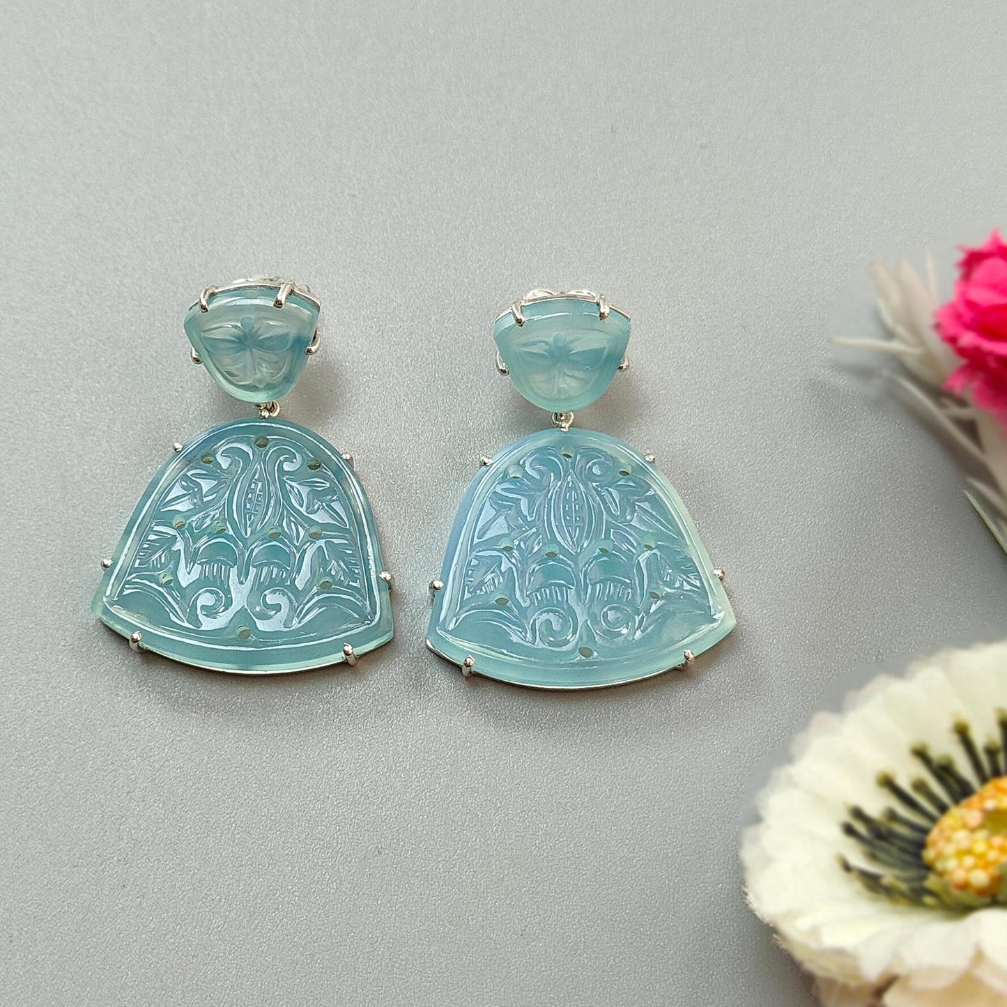 Blue Onyx Carving Silver Earring: 15.70gms Natural Onyx Hand Carved Fancy Shape 925 Sterling Silver Prong Set Push Back Stud Earring 1.50"