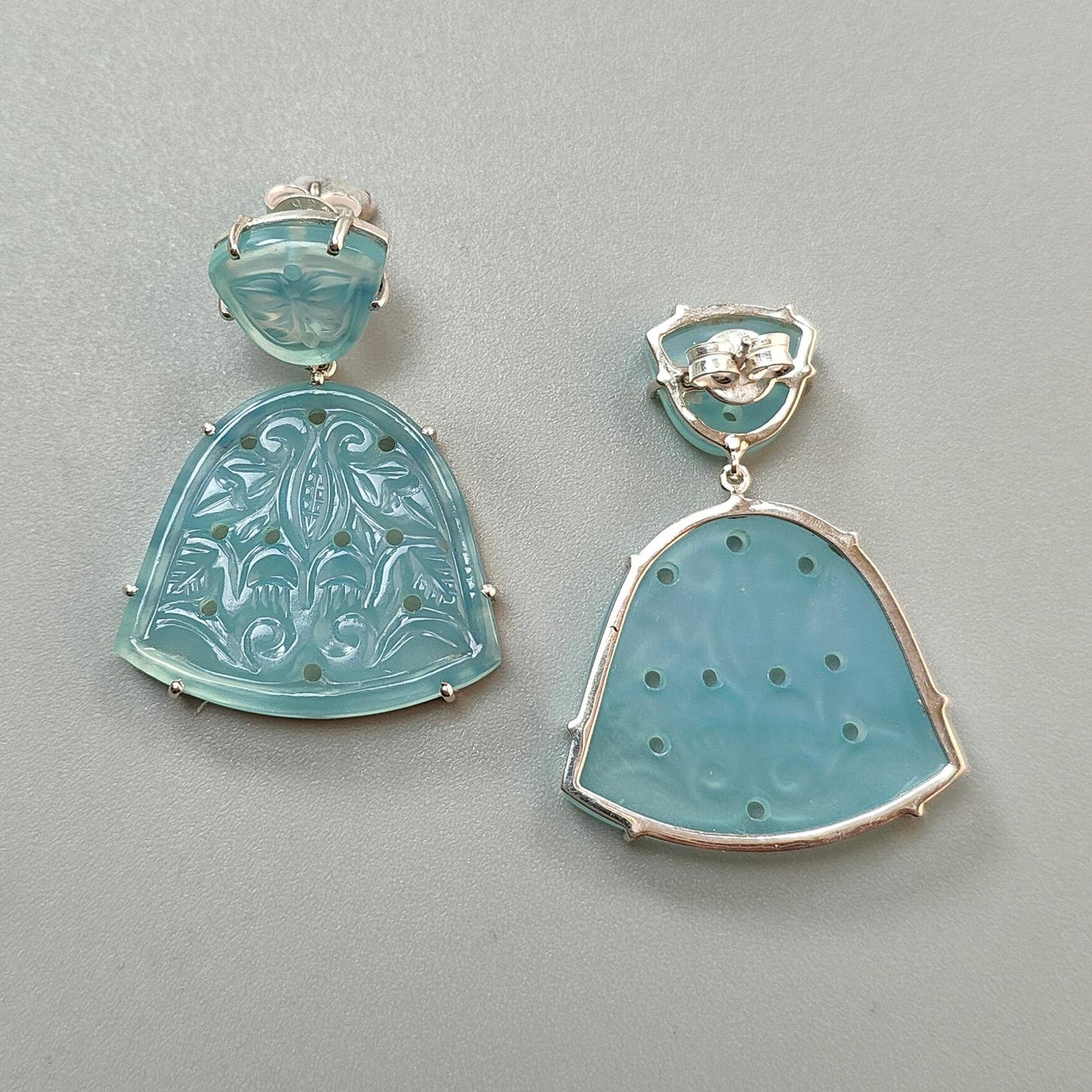 Blue Onyx Carving Silver Earring: 15.70gms Natural Onyx Hand Carved Fancy Shape 925 Sterling Silver Prong Set Push Back Stud Earring 1.50"