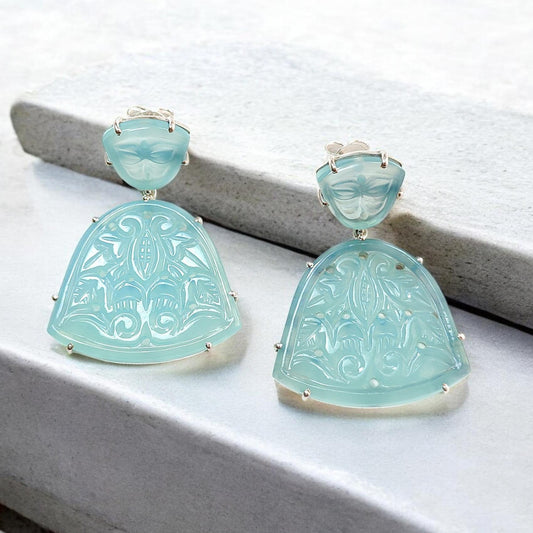 Blue Onyx Carving Silver Earring: 15.70gms Natural Onyx Hand Carved Fancy Shape 925 Sterling Silver Prong Set Push Back Stud Earring 1.50"