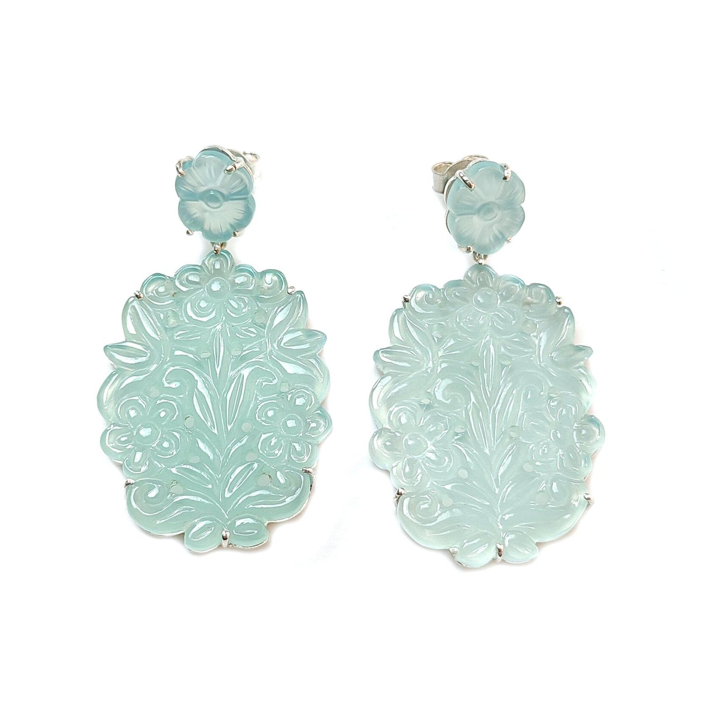 Light Blue Onyx Carving Silver Earring: 17.60gms Natural Onyx Hand Carved Oval Shape 925 Sterling Silver Prong Set Push Back Stud Earring 2"