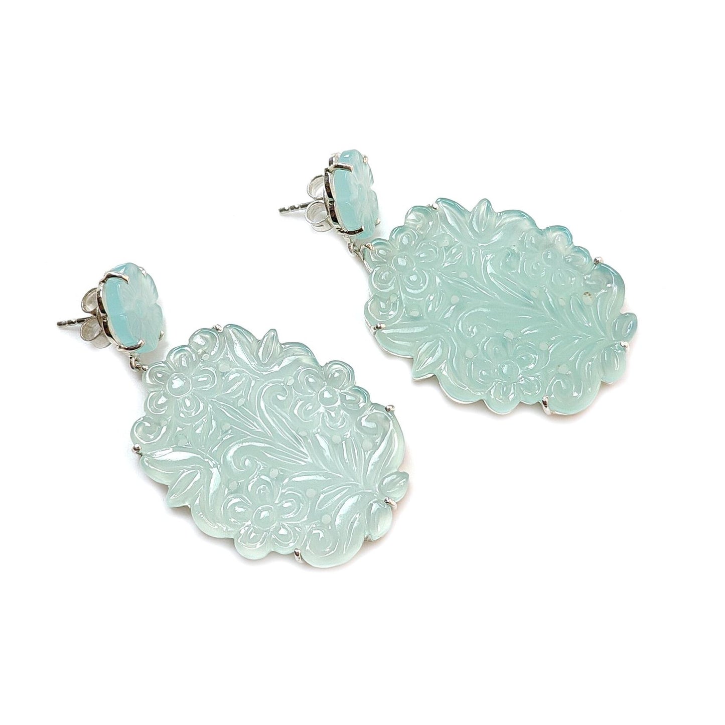 Light Blue Onyx Carving Silver Earring: 17.60gms Natural Onyx Hand Carved Oval Shape 925 Sterling Silver Prong Set Push Back Stud Earring 2"