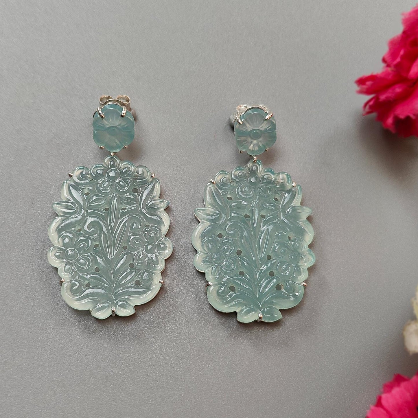 Light Blue Onyx Carving Silver Earring: 17.60gms Natural Onyx Hand Carved Oval Shape 925 Sterling Silver Prong Set Push Back Stud Earring 2"