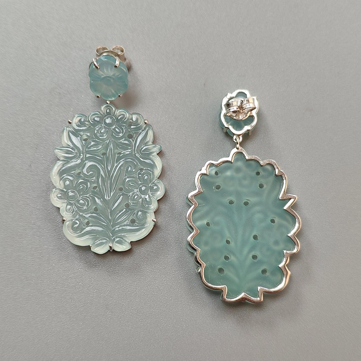 Light Blue Onyx Carving Silver Earring: 17.60gms Natural Onyx Hand Carved Oval Shape 925 Sterling Silver Prong Set Push Back Stud Earring 2"