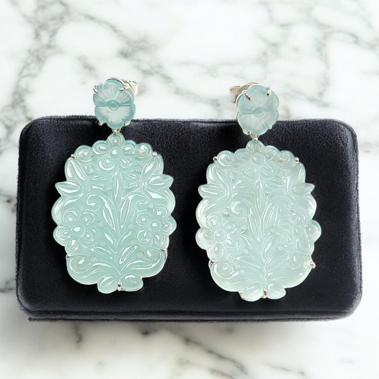 Light Blue Onyx Carving Silver Earring: 17.60gms Natural Onyx Hand Carved Oval Shape 925 Sterling Silver Prong Set Push Back Stud Earring 2"