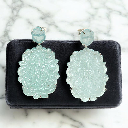 Light Blue Onyx Carving Silver Earring: 17.60gms Natural Onyx Hand Carved Oval Shape 925 Sterling Silver Prong Set Push Back Stud Earring 2"