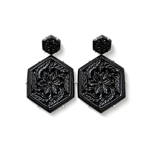 Black Onyx Gemstone Carving 925 Silver Earrings
