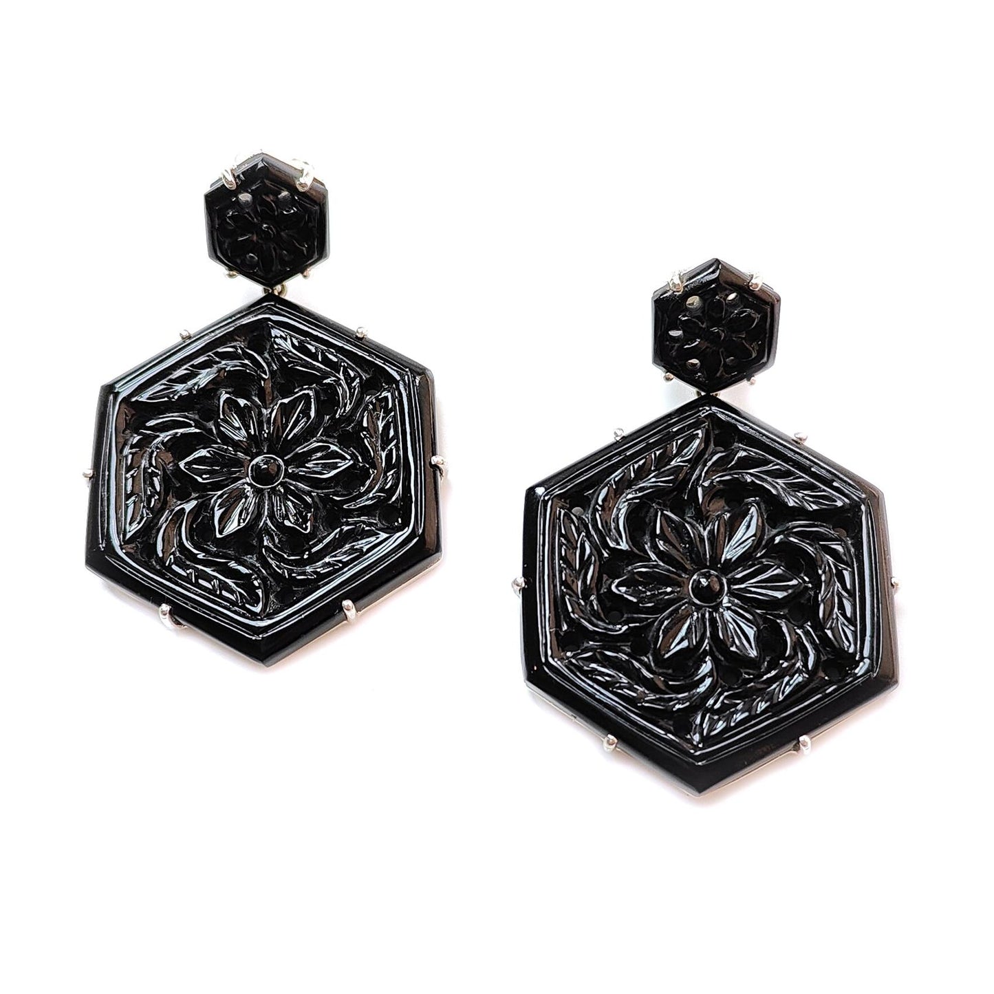 Black Onyx Carving Silver Earring: 19.55gms Natural Onyx Hand Carved Hexagon Shape 925 Sterling Silver Prong Set Push Back Stud Earring 2"
