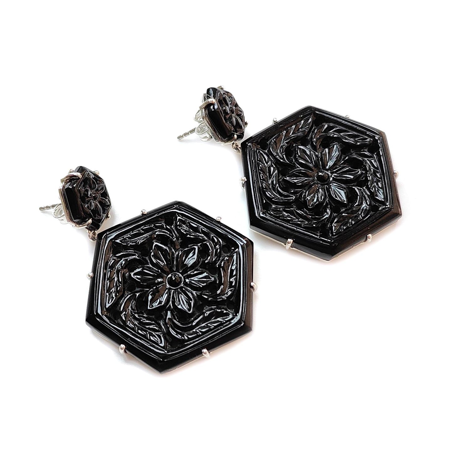 Black Onyx Carving Silver Earring: 19.55gms Natural Onyx Hand Carved Hexagon Shape 925 Sterling Silver Prong Set Push Back Stud Earring 2"