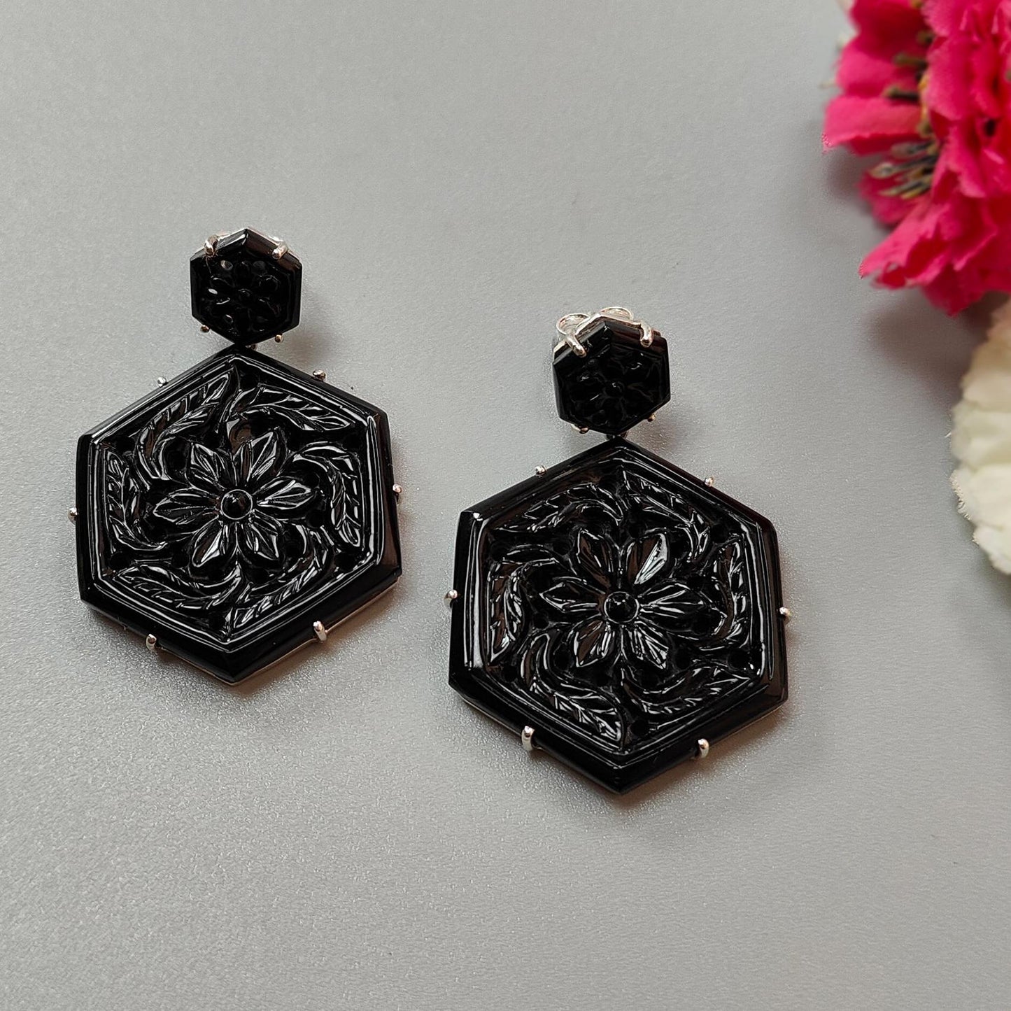 Black Onyx Carving Silver Earring: 19.55gms Natural Onyx Hand Carved Hexagon Shape 925 Sterling Silver Prong Set Push Back Stud Earring 2"