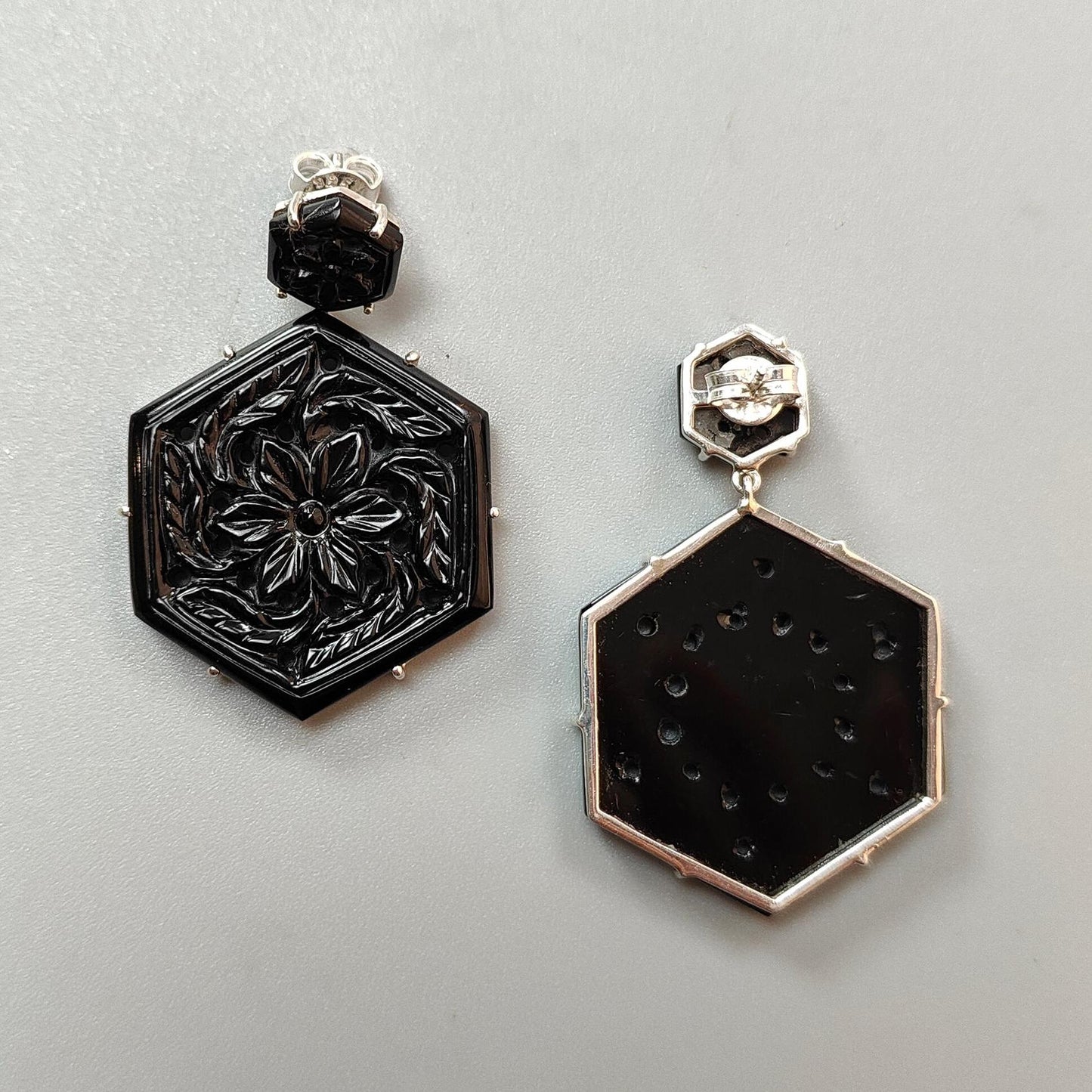 Black Onyx Carving Silver Earring: 19.55gms Natural Onyx Hand Carved Hexagon Shape 925 Sterling Silver Prong Set Push Back Stud Earring 2"