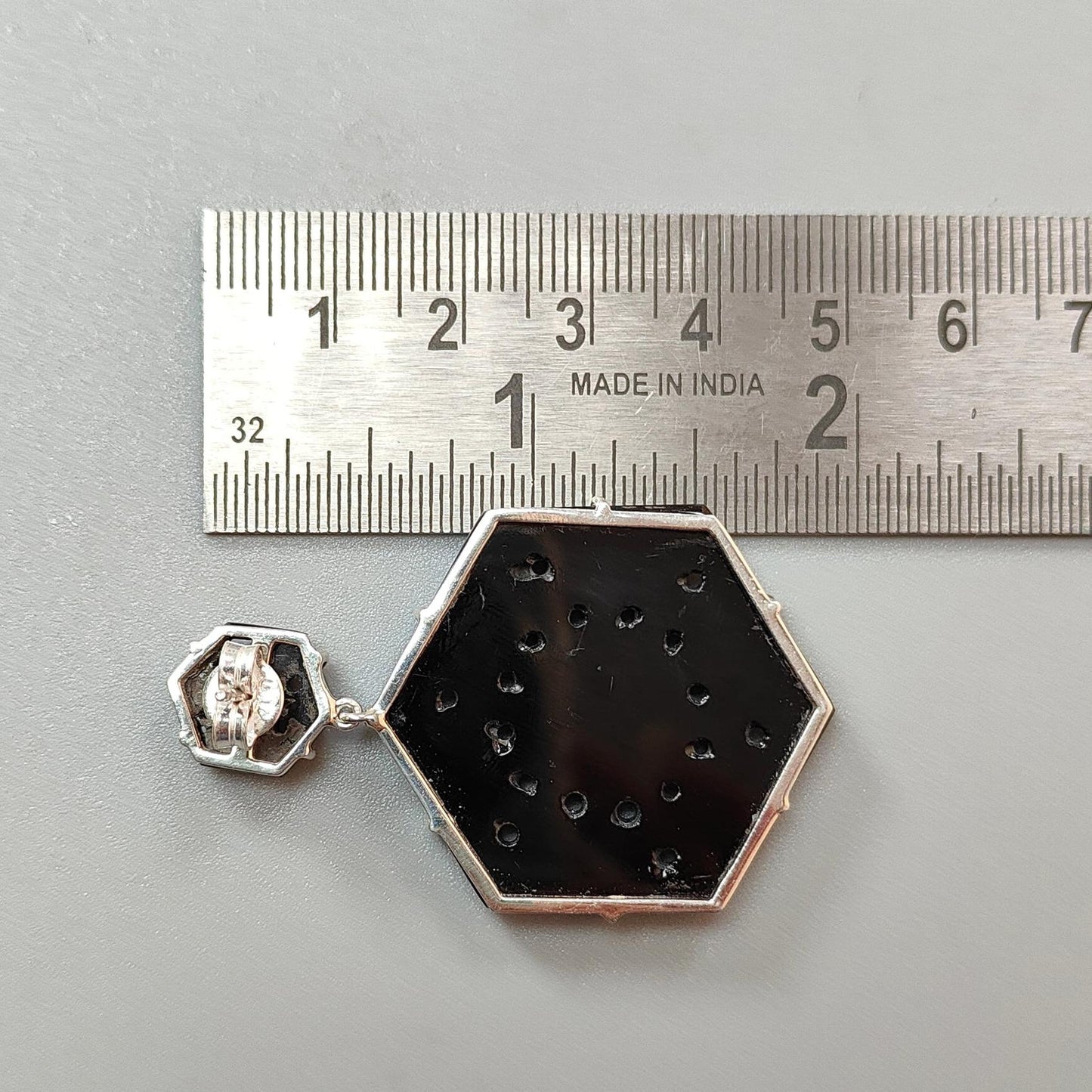 Black Onyx Carving Silver Earring: 19.55gms Natural Onyx Hand Carved Hexagon Shape 925 Sterling Silver Prong Set Push Back Stud Earring 2"