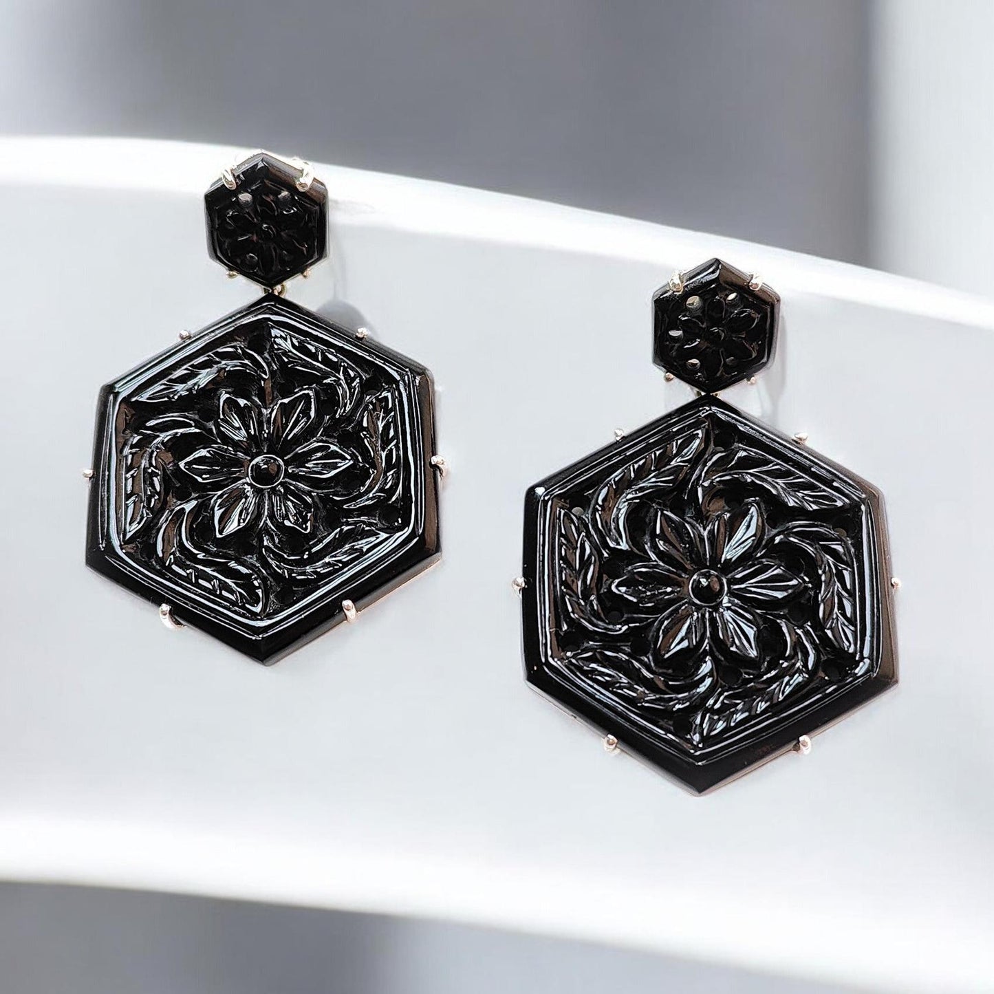 Black Onyx Carving Silver Earring: 19.55gms Natural Onyx Hand Carved Hexagon Shape 925 Sterling Silver Prong Set Push Back Stud Earring 2"