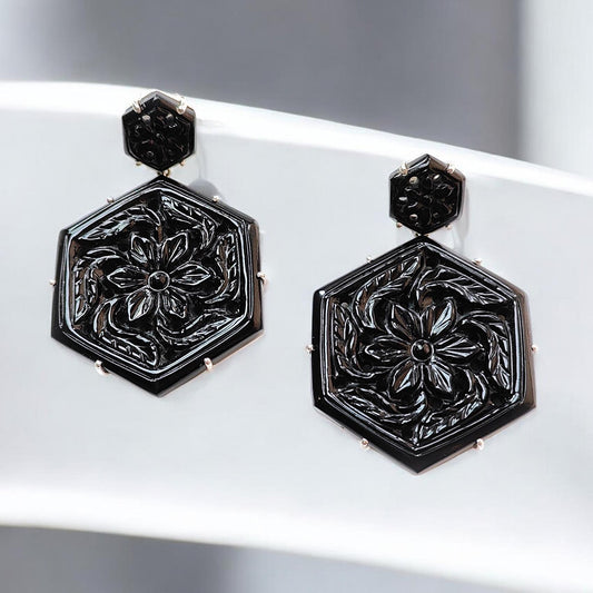 Black Onyx Carving Silver Earring: 19.55gms Natural Onyx Hand Carved Hexagon Shape 925 Sterling Silver Prong Set Push Back Stud Earring 2"