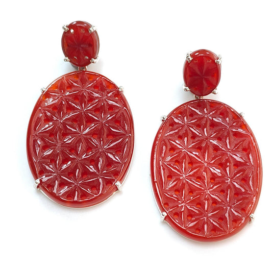 Orange Onyx Carving Silver Earring: 15.21gms Natural Onyx Gemstone Oval Shape Hand Carved 925 Sterling Silver Prong Set Stud Push Back Earring 2.00"