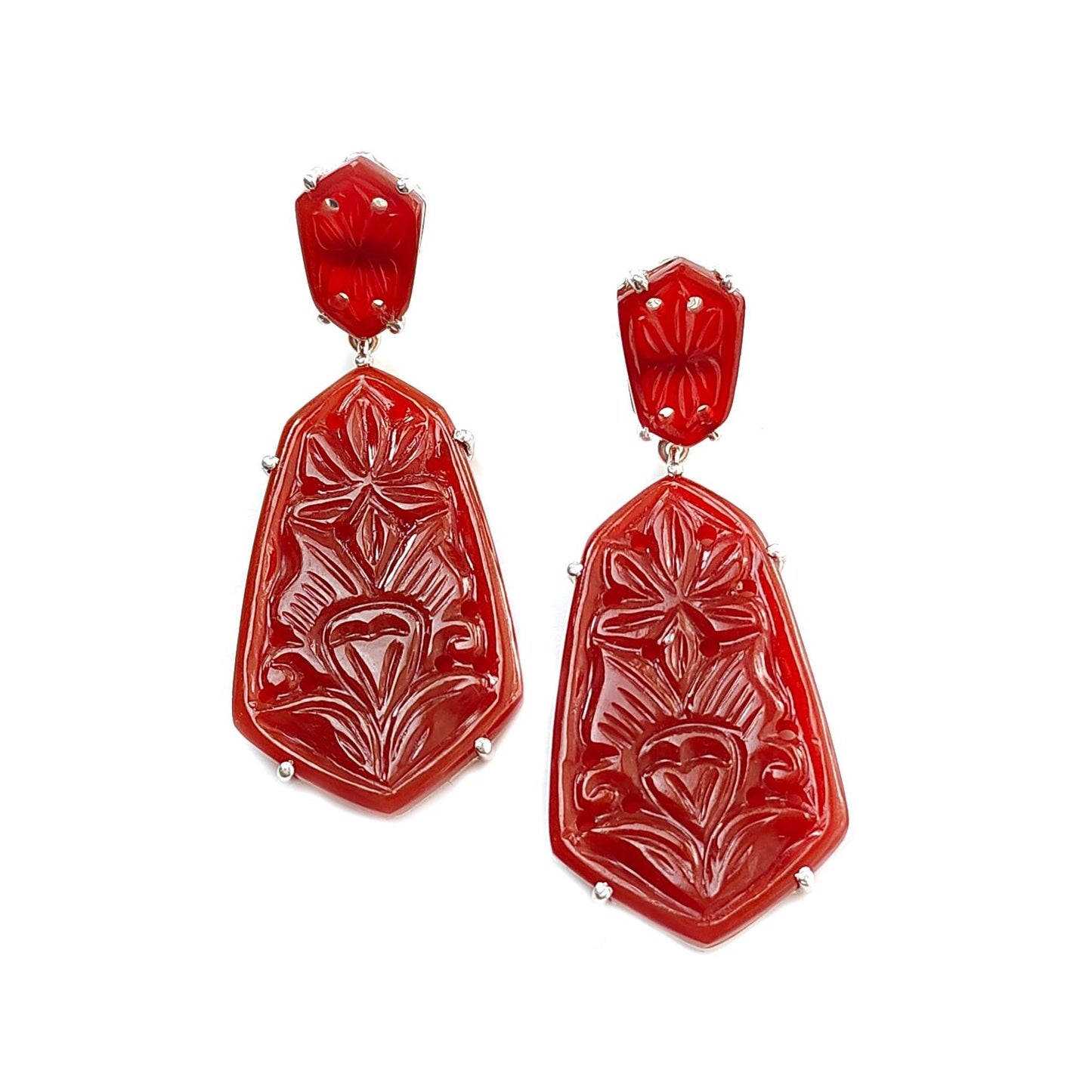 Orange Onyx Carving Silver Earring: 12.65gms Natural Onyx Hand Carved Fancy Shape 925 Sterling Silver Prong Set Push Back Stud Earring 2"