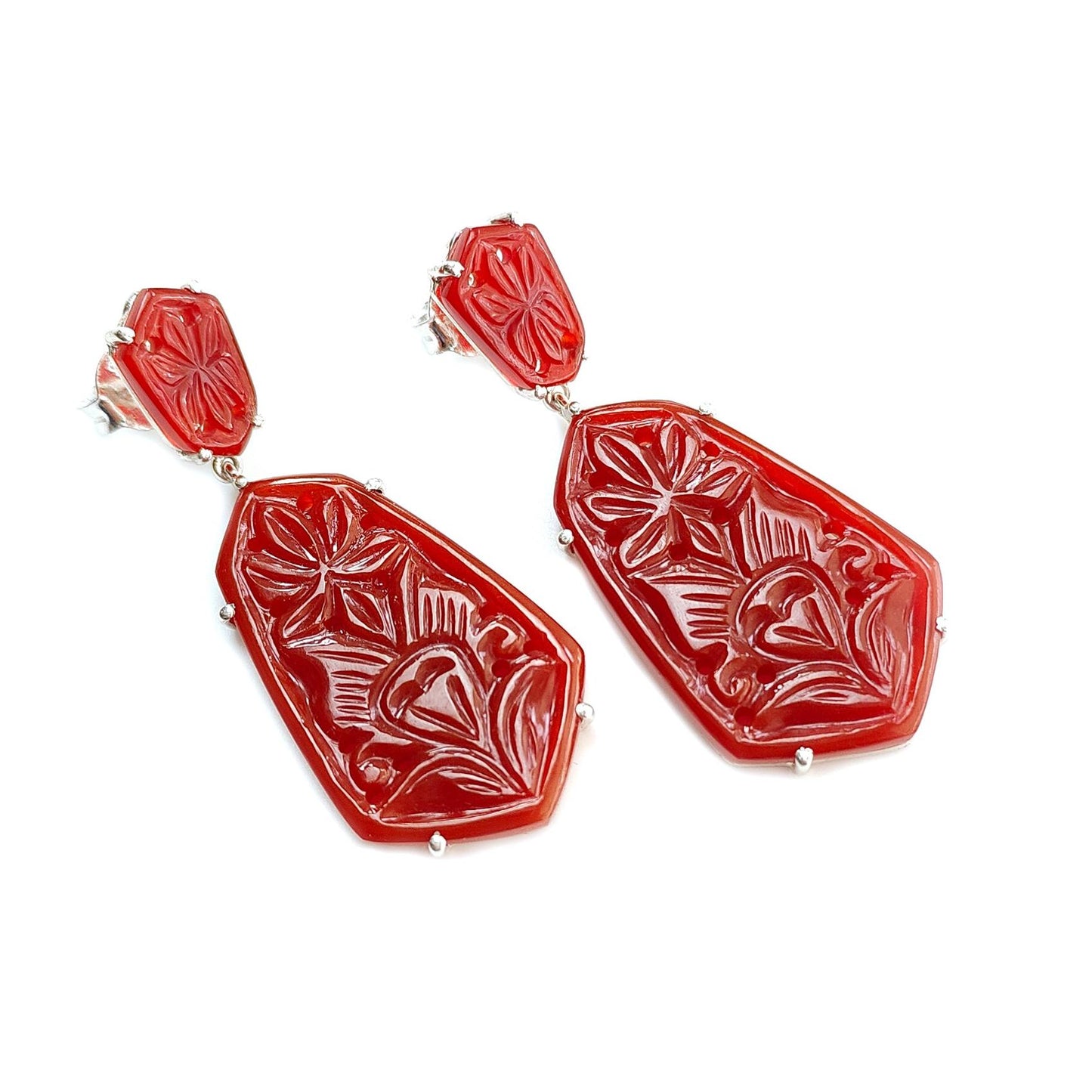 Orange Onyx Carving Silver Earring: 12.65gms Natural Onyx Hand Carved Fancy Shape 925 Sterling Silver Prong Set Push Back Stud Earring 2"