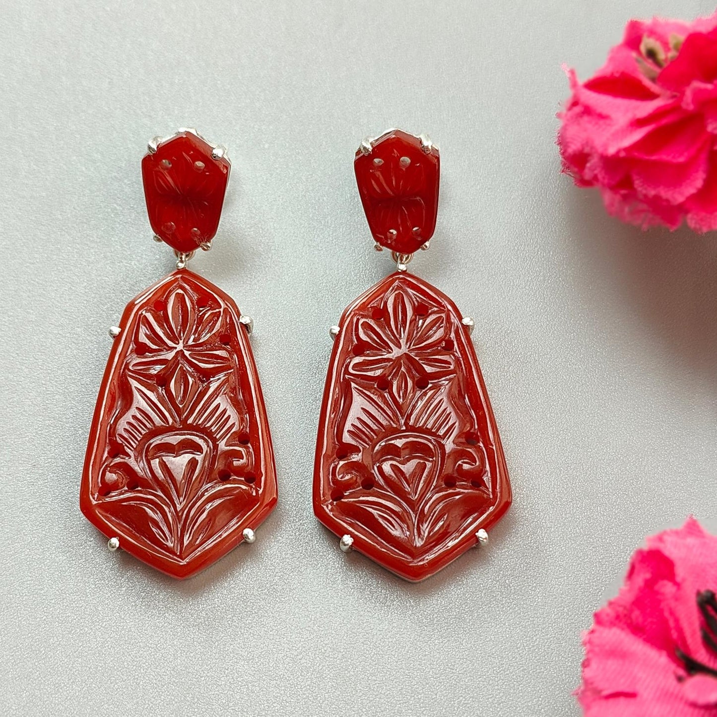 Orange Onyx Carving Silver Earring: 12.65gms Natural Onyx Hand Carved Fancy Shape 925 Sterling Silver Prong Set Push Back Stud Earring 2"